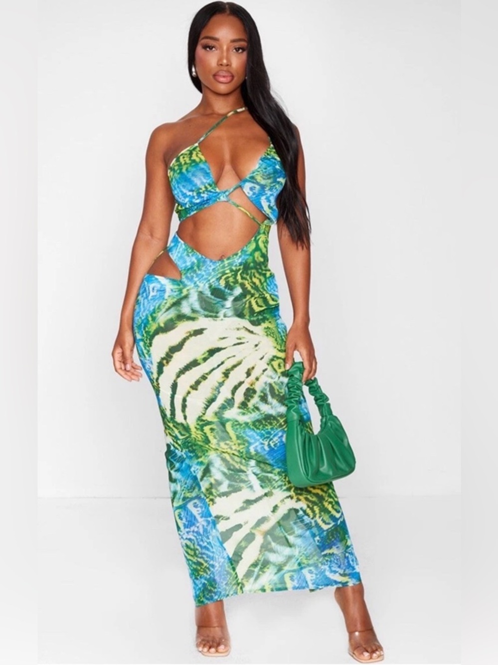 Pretty little things shape Green & Blue Cutout Maxi Dress NWT